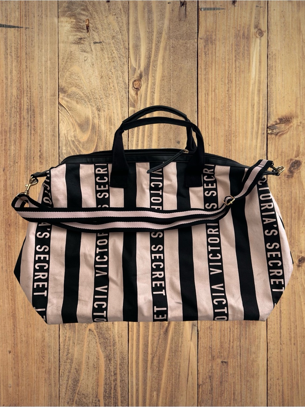 Victoria's Secret Pink and Black Stripe Weekender Bag